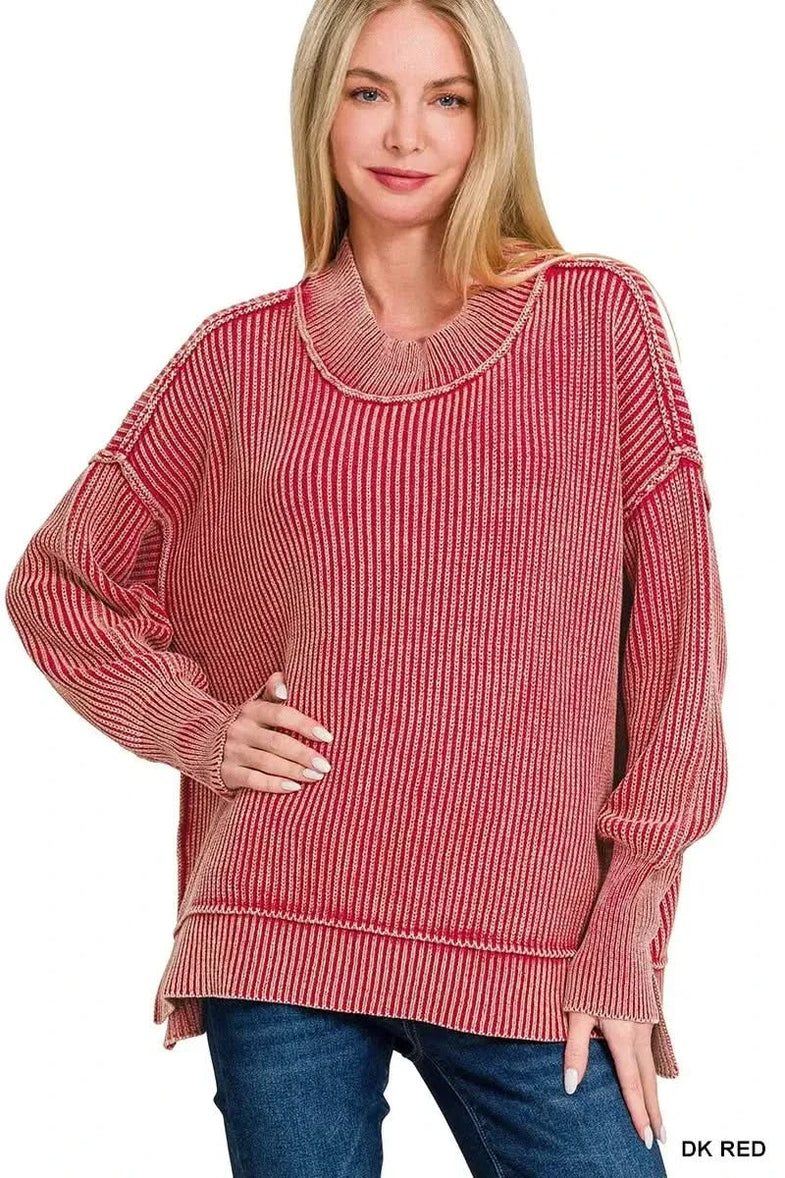 Zenana Washed Side Slit Oversized Sweater - SwagglyLife Home & Fashion